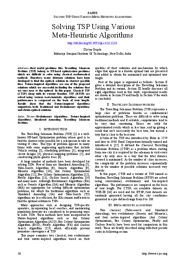(PDF) Solving TSP Using Various Meta-Heuristic Algorithms
