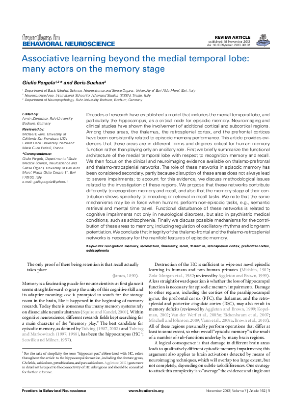 (PDF) Associative learning beyond the medial temporal lobe: many actors ...