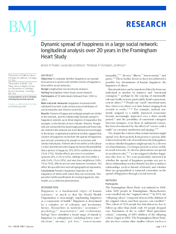 (PDF) The dynamic spread of happiness in a large social network James