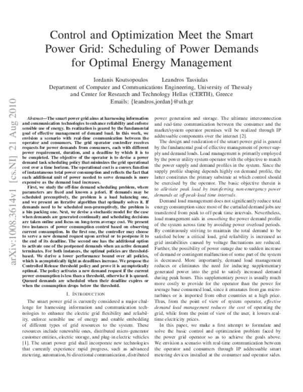 (PDF) Control and optimization meet the smart power grid: scheduling of ...