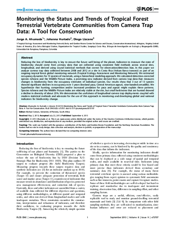 Monitoring the Status and Trends of Tropical Forest Terrestrial Vertebrate Communities from Camera Trap Data: A Tool for Conservation