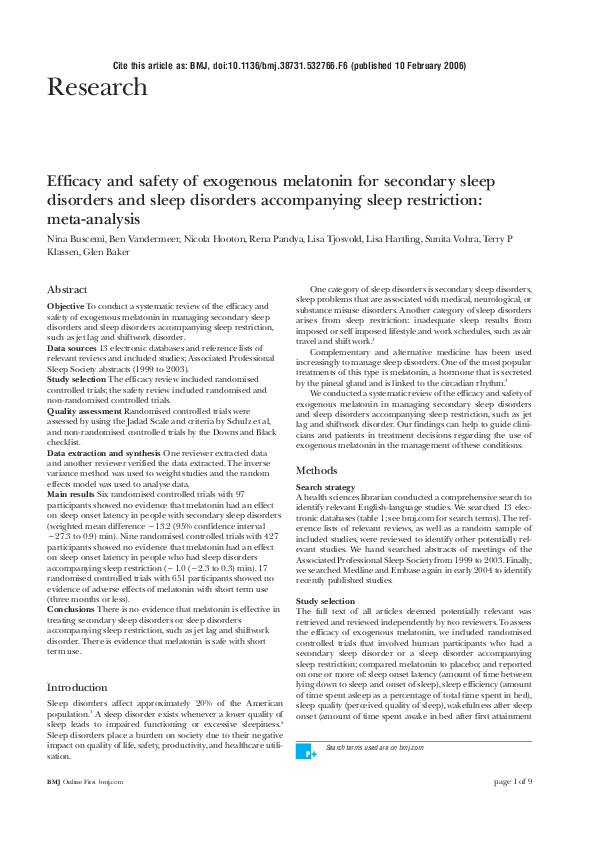 (PDF) Efficacy and Safety of Exogenous Melatonin for Secondary Sleep ...