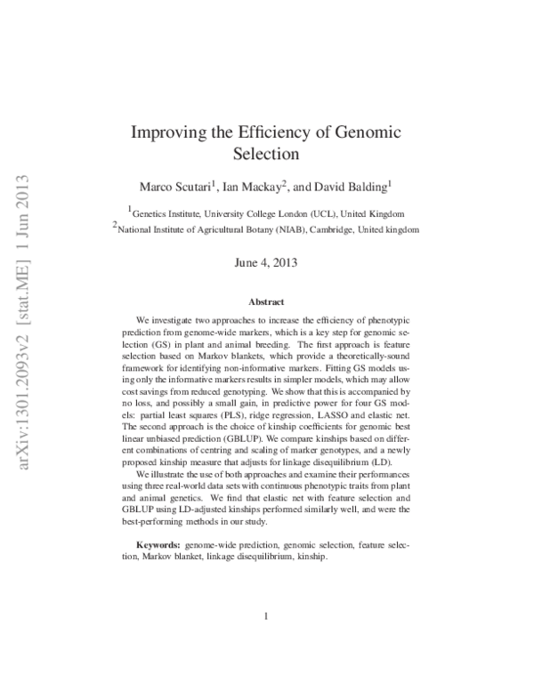(PDF) Improving the Efficiency of Genomic Selection
