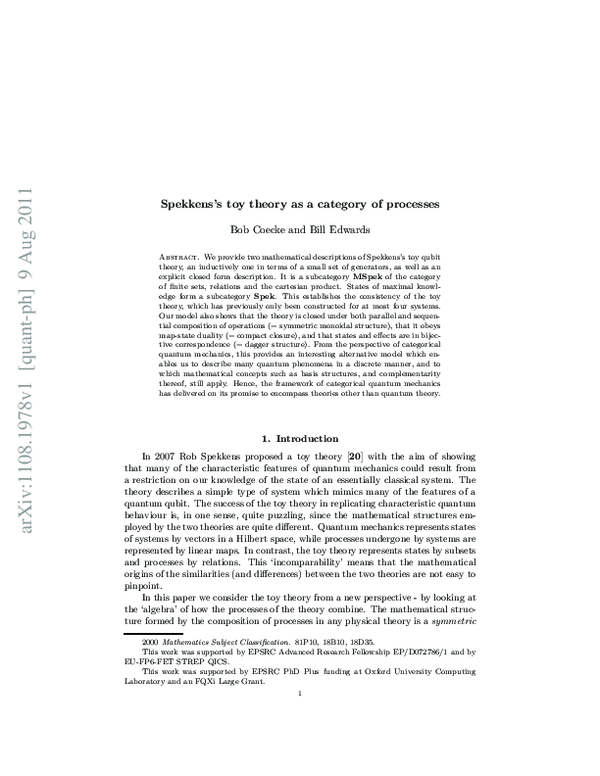 (PDF) Spekkens s toy theory as a category of processes