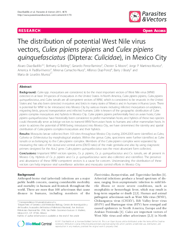 (PDF) The distribution of potential West Nile virus vectors, Culex ...