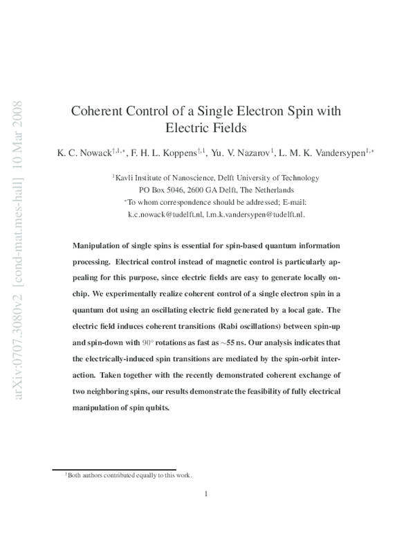 (PDF) Coherent control of a single electron spin with electric fields