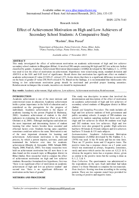 (PDF) Effect of Achievement Motivation on High and Low Achievers of ...