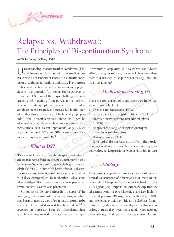 (PDF) Relapse Vs. Withdrawl The Principles of Discontinuation Syndrome