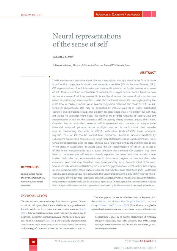 (PDF) Neural representations of the sense of self