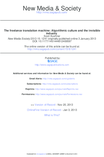 The Freelance Translation Machine: Algorithmic Culture and the Invisible Industry