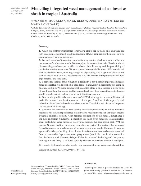 Modelling Integrated Weed Management of An Invasive Shrub In Tropical Australia