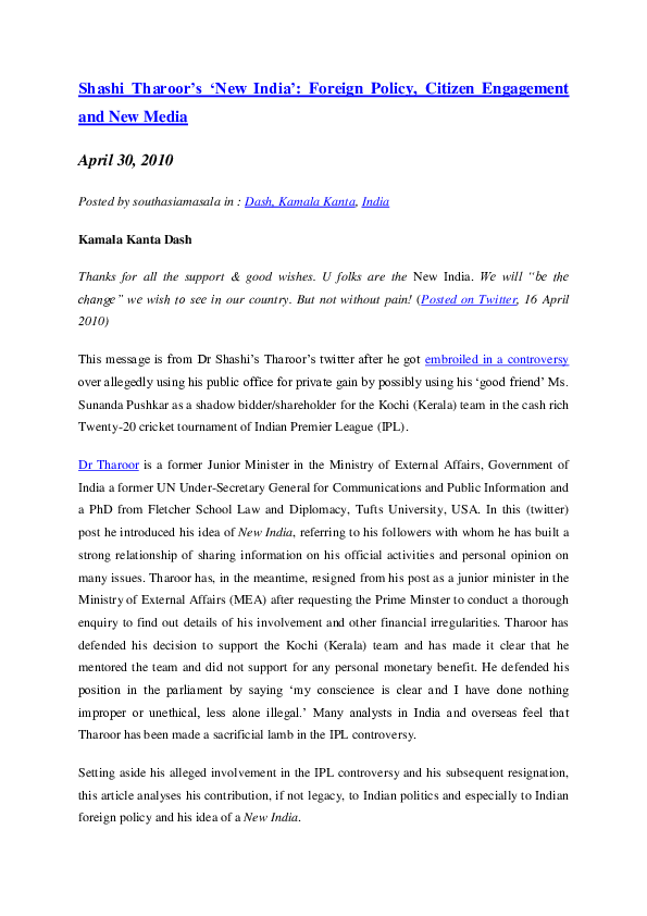 Pdf Shashi Tharoor S New India Foreign Policy Citizen Engagement And New Media Kamala Kanta Dash Academia Edu