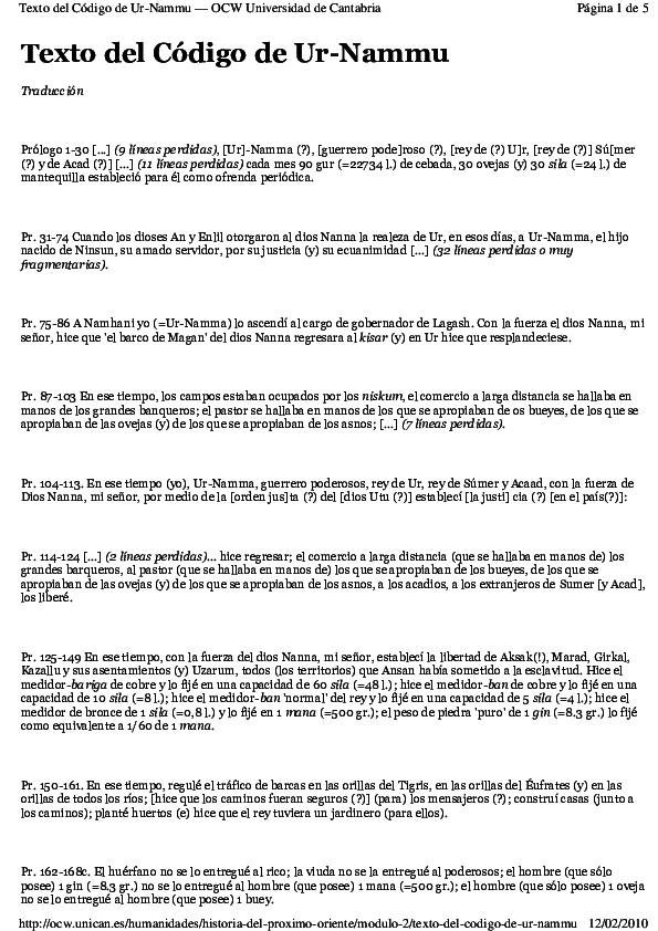 First page of “Texto del Código de Ur-Nammu”