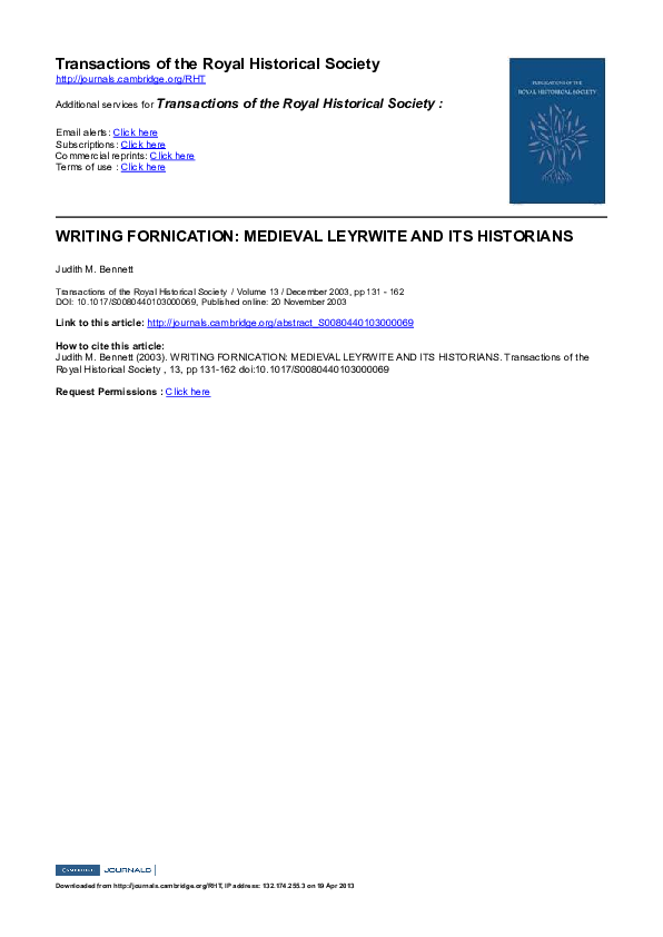 "Writing Fornication: Medieval Leyrwite and its Historians," Transactions of the Royal Historical Society 6th series, 13 (2003), 131-162.