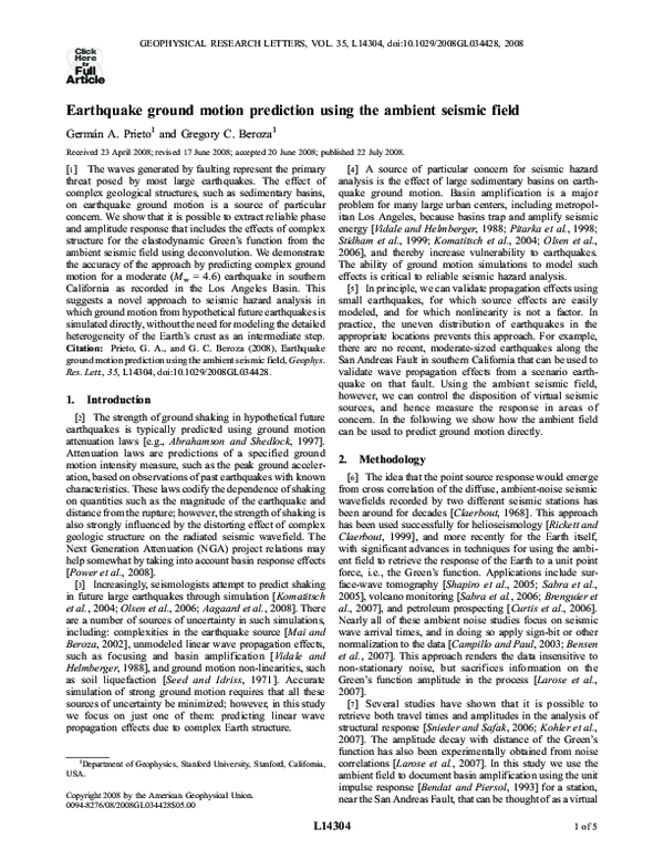 (PDF) Earthquake Ground Motion Prediction Using the Ambient Seismic Field