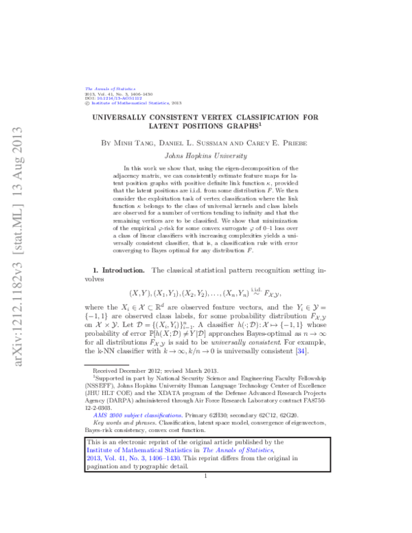 (PDF) Universally consistent vertex classification for latent positions ...