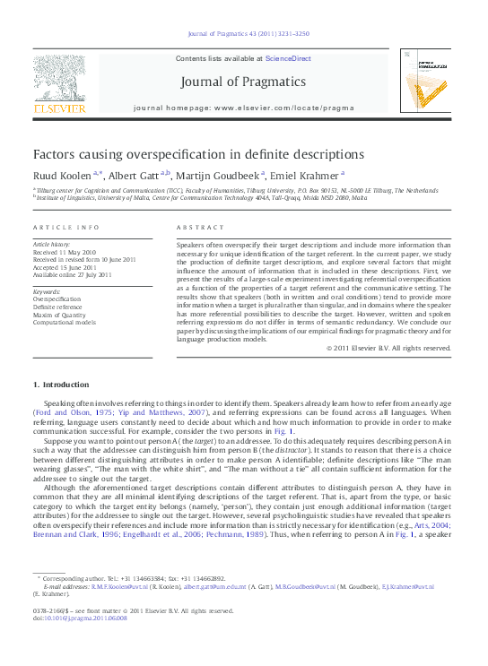 (PDF) Factors causing overspecification in definite descriptions
