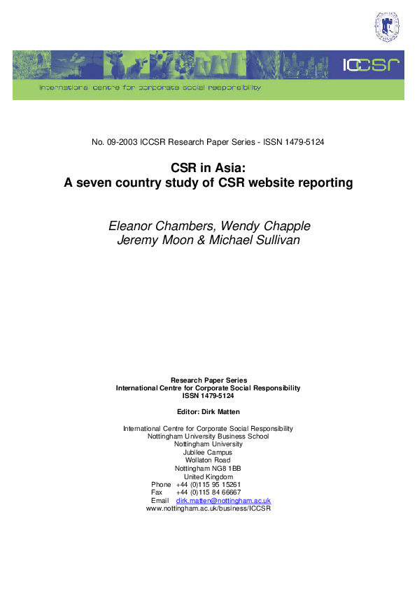 (PDF) CSR in Asia: A seven country study of CSR website reporting