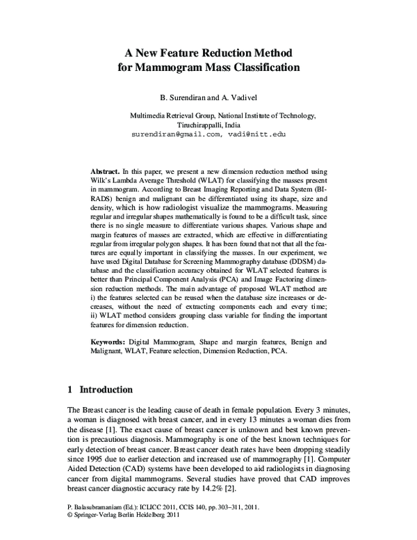 (PDF) A New Feature Reduction Method for Mammogram Mass Classification