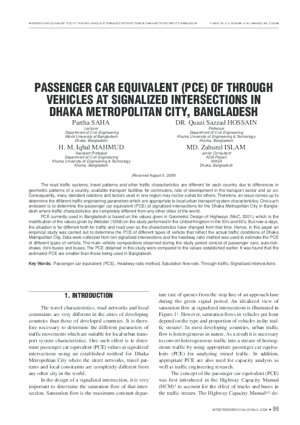 (PDF) PASSENGER CAR EQUIVALENT (PCE) OF THROUGH VEHICLES AT SIGNALIZED
