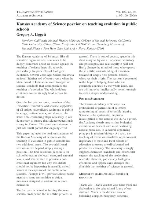 (PDF) Kansas Academy of Science position on teaching evolution in
