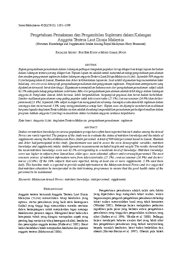 Pdf Pengetahuan Pemakanan Dan Pengambilan Suplemen Dalam Kalangan Anggota Tentera Laut Diraja Malaysia Nutrition Knowledge And Supplements Intake Among Royal Malaysian Navy Personnel K Ris K Ris Academia Edu
