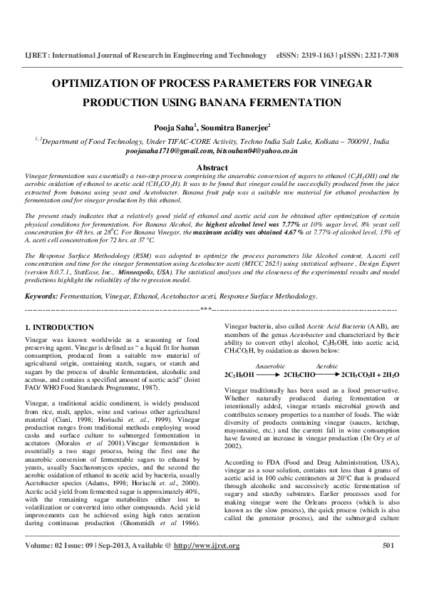 (PDF) OPTIMIZATION OF PROCESS PARAMETERS FOR VINEGAR PRODUCTION USING ...