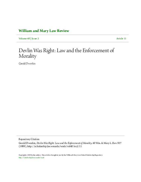 (PDF) Devlin was Right Law and the Enforcement of Morality gerald dworkin Academia.edu