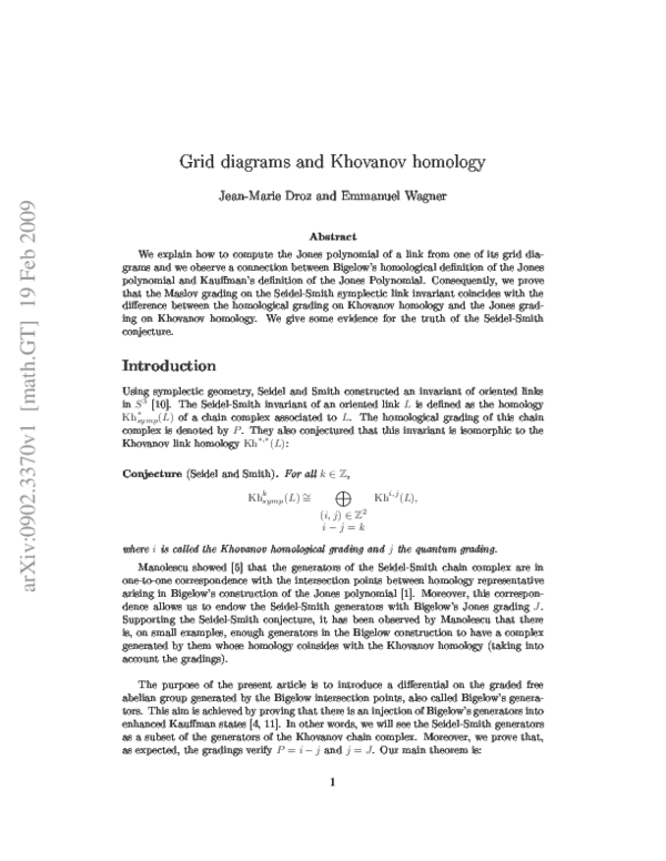 (PDF) Grid diagrams and Khovanov homology