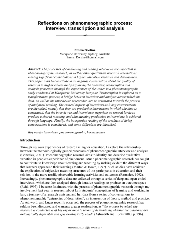 (PDF) Reflections on phenomenographic process: Interview, transcription ...