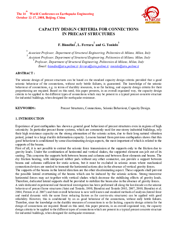 (PDF) CAPACITY DESIGN CRITERIA FOR CONNECTIONS IN PRECAST STRUCTURES