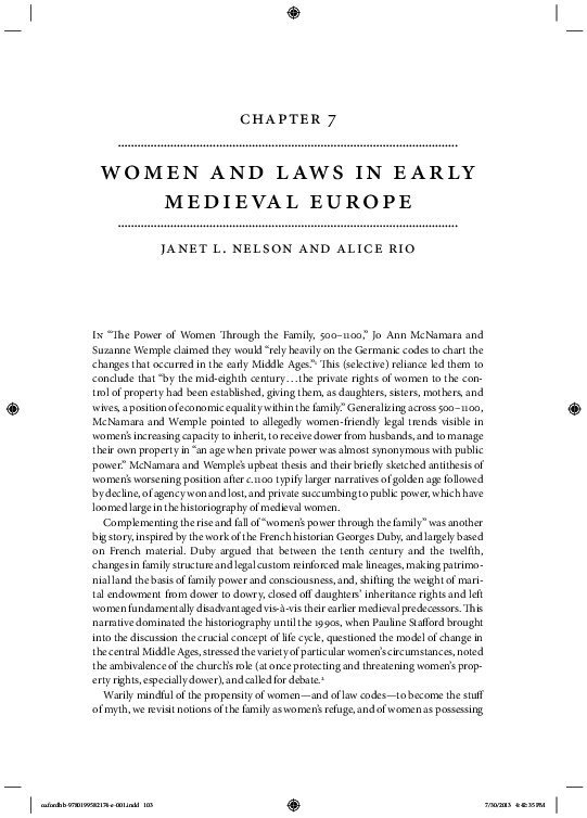 J.L. Nelson and A. Rio, Women and laws in early medieval Europe