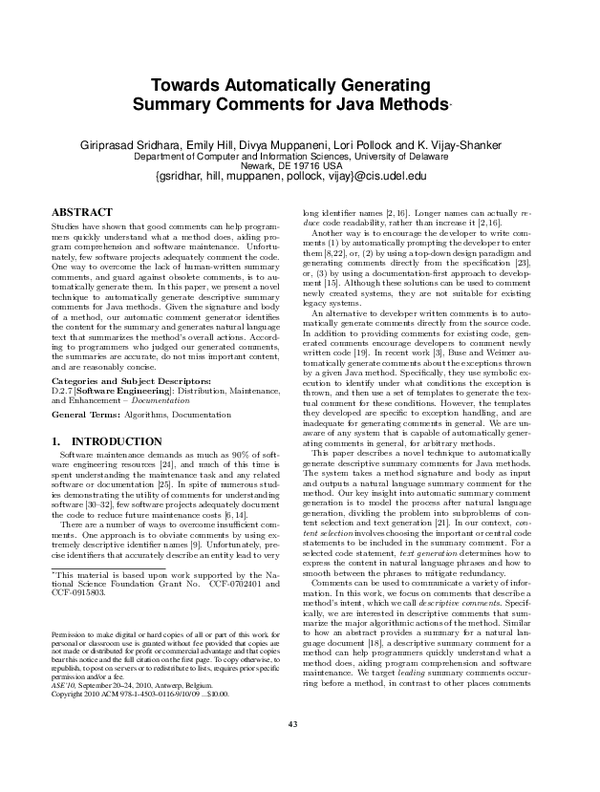 (PDF) Towards Automatically Generating Summary Comments for Java Methods