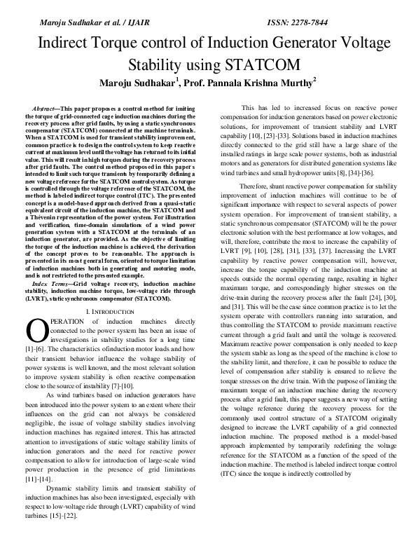 (PDF) Indirect Torque control of Induction Generator Voltage Stability