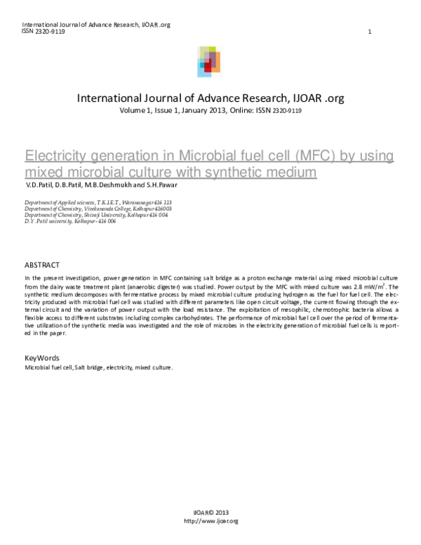 (PDF) Electricity generation in Microbial fuel cell (MFC) by using ...