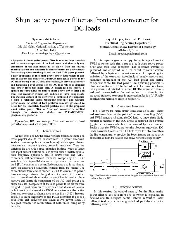 (PDF) Shunt active power filter as front end converter for DC loads