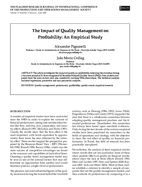 (PDF) The impact of Quality Management on Profitability: An empririal study