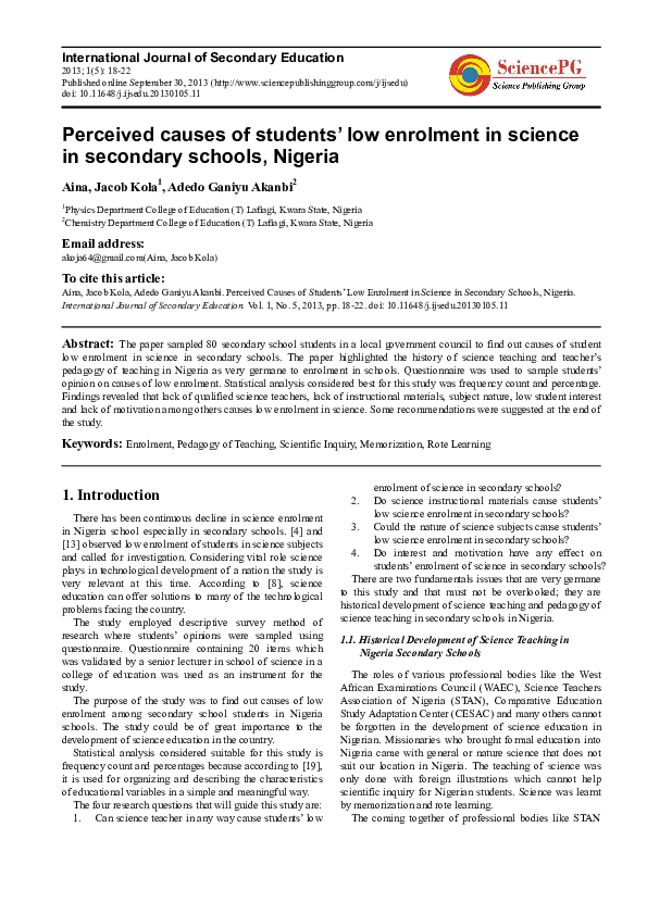 (PDF) Perceived causes of students’ low enrolment in science in