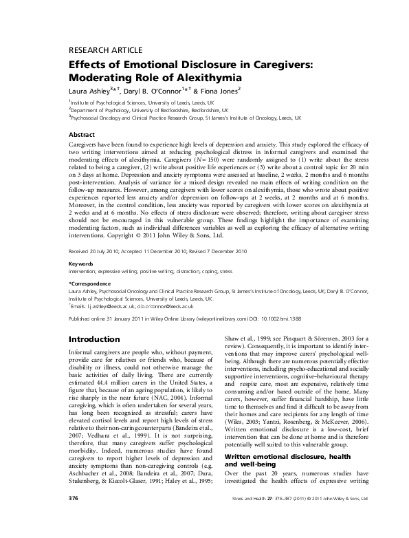 (PDF) Effects of Emotional Disclosure in Caregivers: Moderating Role of ...