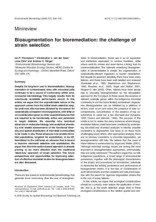 (PDF) Bioaugmentation for Bioremediation: the Challenge of Strain Selection