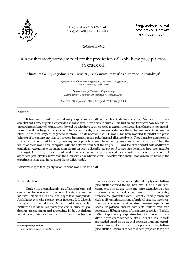 (PDF) A New Thermodynamic Model for the Prediction of Asphaltene ...