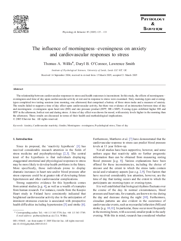 (PDF) The influence of morningness–eveningness on anxiety and ...