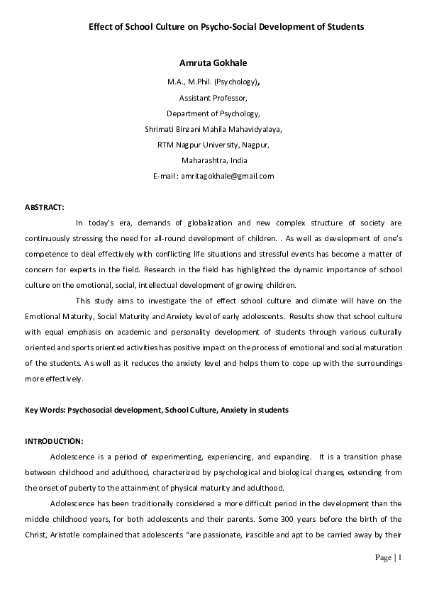 (PDF) Effect of School Culture on Psycho-Social Development of Students ...