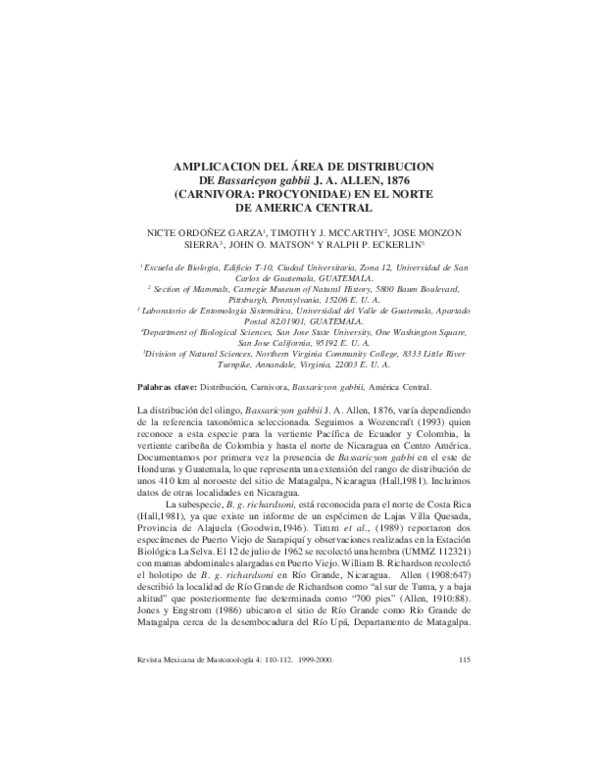 (PDF) Ampliación del área de distribución de Bassaricyon gabbii J. A