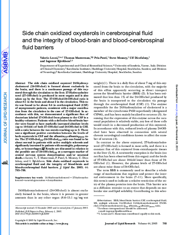 (PDF) Side chain oxidized oxysterols in cerebrospinal fluid and the ...