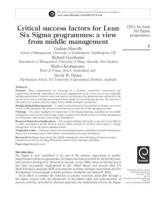 (PDF) Critical success factors for Lean Six Sigma programmes: a view ...