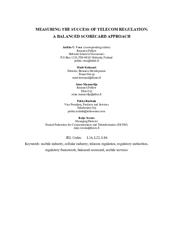 (PDF) MEASURING THE SUCCESS OF TELECOM REGULATION: A BALANCED SCORECARD ...
