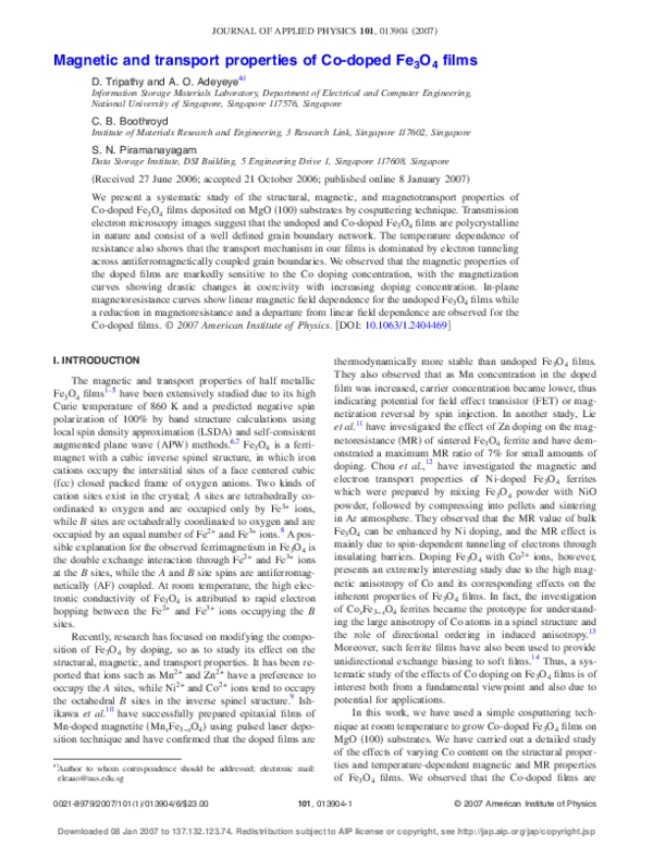 (PDF) Magnetic and Transport Properties of Co-Doped Fe 3 O 4 Films