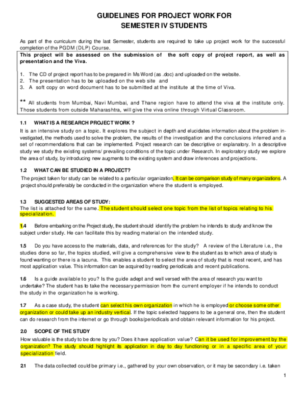(PDF) GUIDELINES FOR PROJECT WORK FOR SEMESTER IV STUDENTS