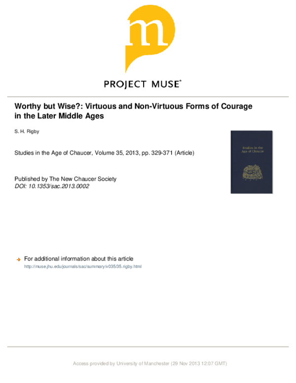 Worthy but Wise? Virtuous and Non-Virtuous Forms of Courage in the Later Middle Ages